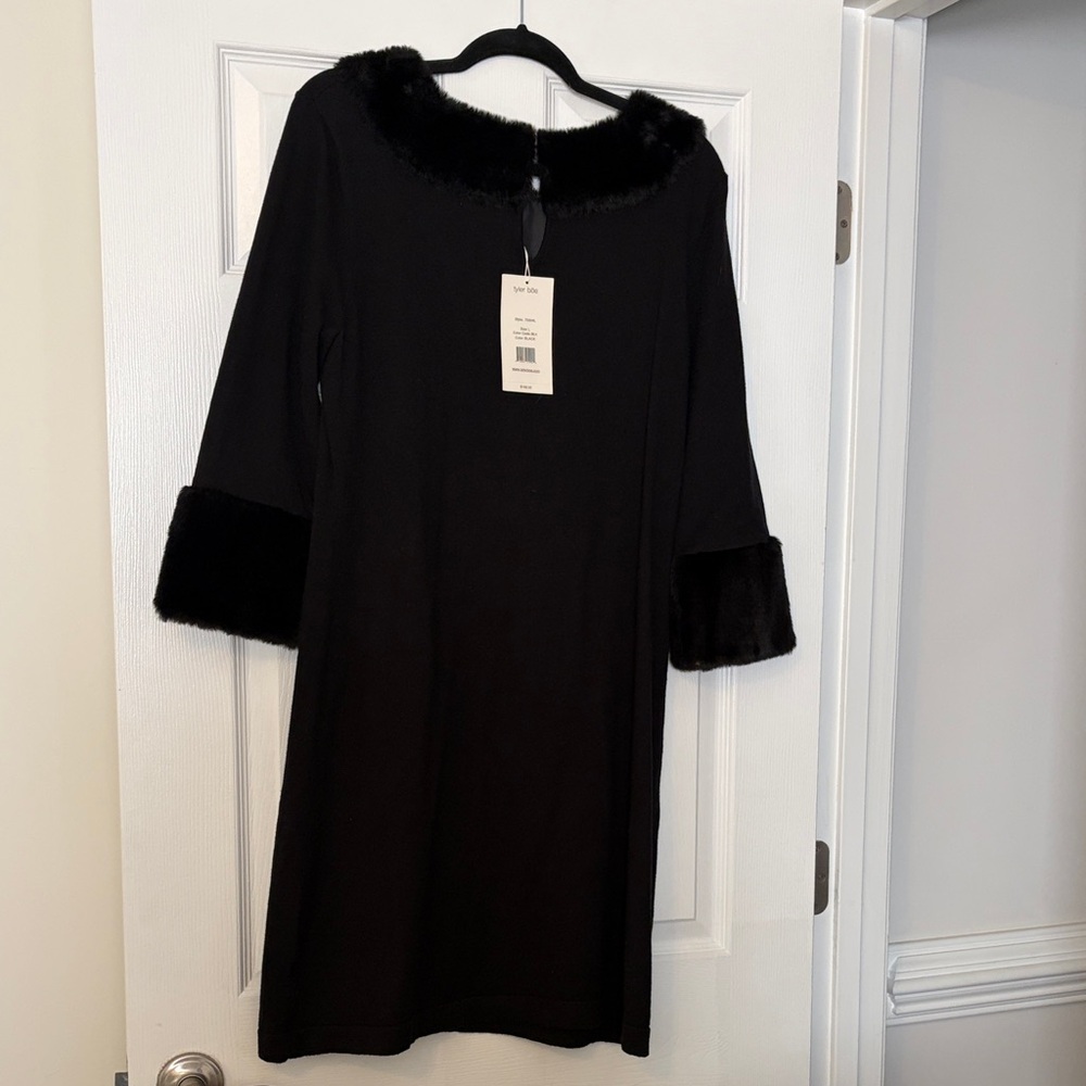 New with Tags Tyler Boe Black Dress with Faux Fur Accents